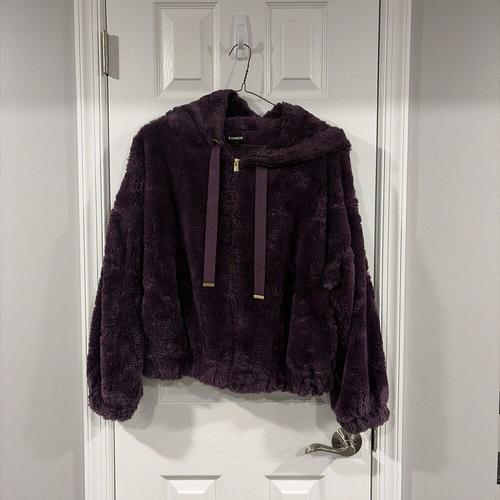 Express Oversized Cropped Jacket Full Zip Hooded Fuzzy Faux Fur Purple Size S